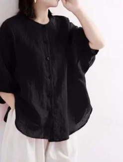 Clearance Cotton Linen Shirts Linen Shirt Button Up Long Cotton Top Women's Black White Yellow Solid Color Buttons Street Daily Fashion Shirt Collar Cotton Linen Regular Fit M Women Shirts