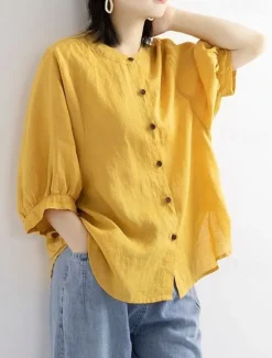 Clearance Cotton Linen Shirts Linen Shirt Button Up Long Cotton Top Women's Black White Yellow Solid Color Buttons Street Daily Fashion Shirt Collar Cotton Linen Regular Fit M Women Shirts