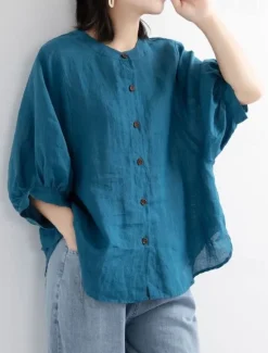 Clearance Cotton Linen Shirts Linen Shirt Button Up Long Cotton Top Women's Black White Yellow Solid Color Buttons Street Daily Fashion Shirt Collar Cotton Linen Regular Fit M Women Shirts