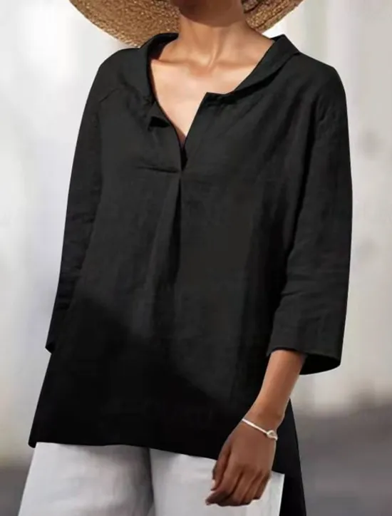 Cotton Linen Shirts Linen Shirt Button Up Long Cotton Top Women's Black White Orange Solid Color Sexy Street Daily Fashion V Neck Cotton Linen Regular Fit S Women Shirts