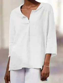 Cotton Linen Shirts Linen Shirt Button Up Long Cotton Top Women's Black White Orange Solid Color Sexy Street Daily Fashion V Neck Cotton Linen Regular Fit S Women Shirts