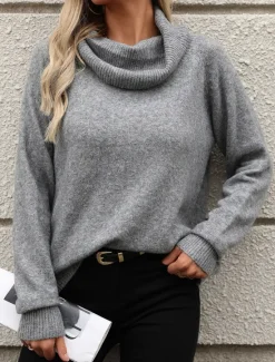 Sale Cowl Neck Off Shoulder loost Fit Knit Knitted Fall Winter Work Daily Long Sleeve Solid Color Pink Khaki Women Pullovers & Tops