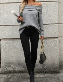 Sale Cowl Neck Off Shoulder loost Fit Knit Knitted Fall Winter Work Daily Long Sleeve Solid Color Pink Khaki Women Pullovers & Tops