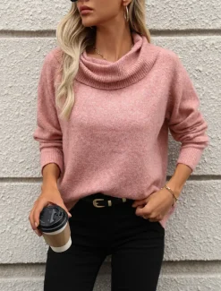 Sale Cowl Neck Off Shoulder loost Fit Knit Knitted Fall Winter Work Daily Long Sleeve Solid Color Pink Khaki Women Pullovers & Tops