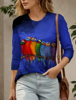 Best Easter Women's T shirt Long Sleeve Crew Neck Long Sleeve Tunic Ombre Graphic Animal Vintage Stylish Classic Round Neck Regular Tops Daily Print Red Blue Green Gray Fall Prefall Women T-Shirts