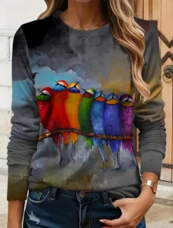 Best Easter Women's T shirt Long Sleeve Crew Neck Long Sleeve Tunic Ombre Graphic Animal Vintage Stylish Classic Round Neck Regular Tops Daily Print Red Blue Green Gray Fall Prefall Women T-Shirts