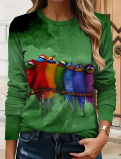 Best Easter Women's T shirt Long Sleeve Crew Neck Long Sleeve Tunic Ombre Graphic Animal Vintage Stylish Classic Round Neck Regular Tops Daily Print Red Blue Green Gray Fall Prefall Women T-Shirts