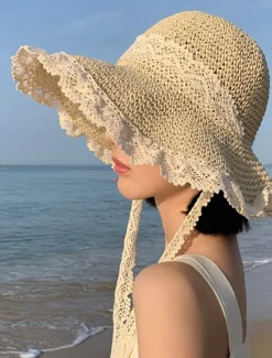 Best Elegant Beige/Khaki Straw Hat With Lace Lanyard Wide Brim Ruffle Sun Hats Breathable Travel Beach Hats For Women Girls Summer Outdoor Holiday Women Hats
