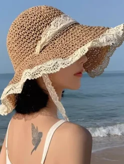 Best Elegant Beige/Khaki Straw Hat With Lace Lanyard Wide Brim Ruffle Sun Hats Breathable Travel Beach Hats For Women Girls Summer Outdoor Holiday Women Hats