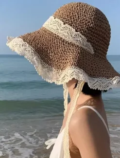Best Elegant Beige/Khaki Straw Hat With Lace Lanyard Wide Brim Ruffle Sun Hats Breathable Travel Beach Hats For Women Girls Summer Outdoor Holiday Women Hats