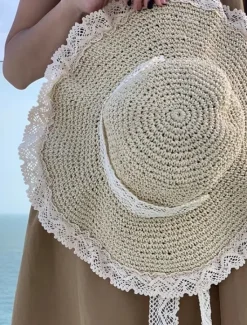 Best Elegant Beige/Khaki Straw Hat With Lace Lanyard Wide Brim Ruffle Sun Hats Breathable Travel Beach Hats For Women Girls Summer Outdoor Holiday Women Hats