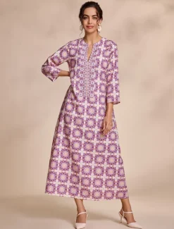 Best Ethnic Floral Notched Collar Maxi Dress Women Floral Dresses