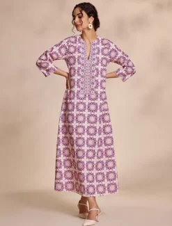 Best Ethnic Floral Notched Collar Maxi Dress Women Floral Dresses