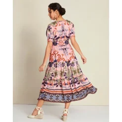 Discount Floral Lace Up Elegant Short Sleeve Midi Dress Women Casual Dress