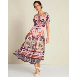 Discount Floral Lace Up Elegant Short Sleeve Midi Dress Women Casual Dress