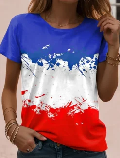 French Women's T Shirt Graphic Flag Vintage Stylish Casual Short Sleeve Crew Neck Regular Tops Daily Weekend Print Red Blue Summer Spring Women Independence Day Top