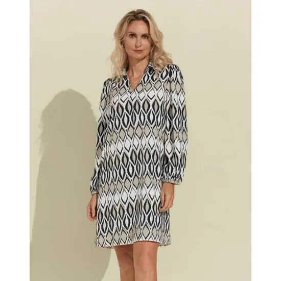 Sale Geometric Long Sleeve Mini Shirt Dress Women Casual Dress|Vacation Dresses