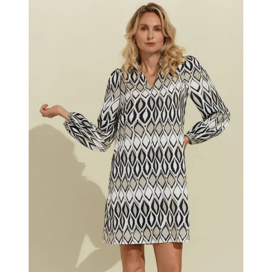 Sale Geometric Long Sleeve Mini Shirt Dress Women Casual Dress|Vacation Dresses