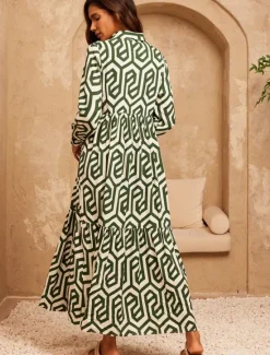 Outlet Geometric Print Maxi Dress Resort Wear Women Casual Dress|Vacation Dresses