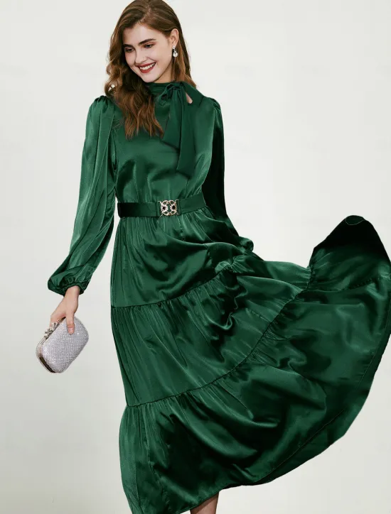 Clearance Elegant Party/Wedding Guest Ruffle Belted Tied Neck Long Sleeve Maxi Dress dress to impress 2024 Women Cocktail Dress