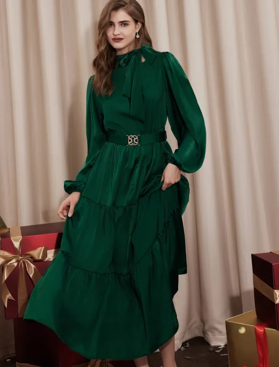 Clearance Elegant Party/Wedding Guest Ruffle Belted Tied Neck Long Sleeve Maxi Dress dress to impress 2024 Women Cocktail Dress