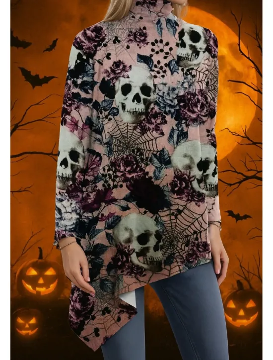 Sale Halloween Women's Blouse Floral Graphic Skull Elegant Active Stylish Long Sleeve Turtleneck Regular Tops Party Evening Wear Daily Going out Asymmetric Hem Spring Fall Winter Spring, Fall Women Blouses & Shirts