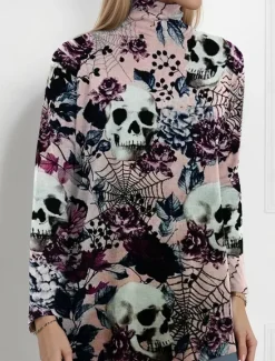 Sale Halloween Women's Blouse Floral Graphic Skull Elegant Active Stylish Long Sleeve Turtleneck Regular Tops Party Evening Wear Daily Going out Asymmetric Hem Spring Fall Winter Spring, Fall Women Blouses & Shirts