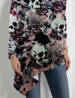 Sale Halloween Women's Blouse Floral Graphic Skull Elegant Active Stylish Long Sleeve Turtleneck Regular Tops Party Evening Wear Daily Going out Asymmetric Hem Spring Fall Winter Spring, Fall Women Blouses & Shirts