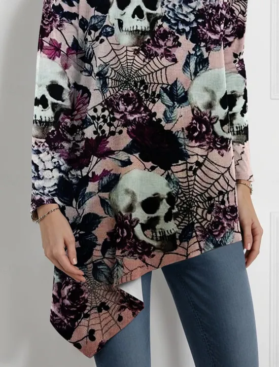 Sale Halloween Women's Blouse Floral Graphic Skull Elegant Active Stylish Long Sleeve Turtleneck Regular Tops Party Evening Wear Daily Going out Asymmetric Hem Spring Fall Winter Spring, Fall Women Blouses & Shirts