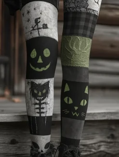 Best Halloween Women's Leggings Vacation Vintage Ethnic Style Ankle-Length High Waist Pants Graphic Cat 3D Print Quick Dry Breathability Soft Stretchy Outdoor Home Causal Black White Green Fall Regular Fit Women Leggings|Women's Sweatpants & Joggers