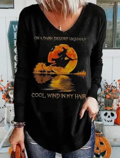 New Halloween Women's T shirt Long Sleeve V Neck Long Sleeve Tunic Tee Blue Green Letter Ghost Print Basic Regular Loose Fit S Prefall Women Tunic Tops