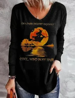 New Halloween Women's T shirt Long Sleeve V Neck Long Sleeve Tunic Tee Blue Green Letter Ghost Print Basic Regular Loose Fit S Prefall Women Tunic Tops