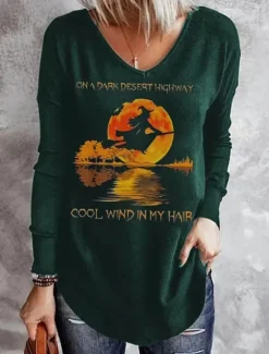 New Halloween Women's T shirt Long Sleeve V Neck Long Sleeve Tunic Tee Blue Green Letter Ghost Print Basic Regular Loose Fit S Prefall Women Tunic Tops