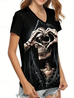Best Halloween Women's T Shirt Floral Skull Striped Stylish Casual Funny Short Sleeve V Neck Regular Tops Daily Cute Outfits Date Night Outfits Print Summer Spring Fall Women T-Shirts