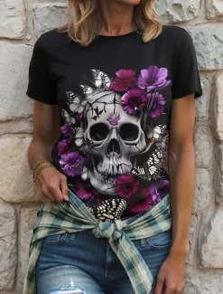 Outlet Halloween Women's T Shirt Floral Graphic Skull Vintage Stylish Classic Short Sleeve Crew Neck Round Neck Regular Tops Daily Weekend Print Black and White Black Yellow Red Blue Summer Fall Women T-Shirts