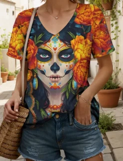 Discount Halloween Women's T Shirt Floral Graphic Skull Vintage Stylish Classic Short Sleeve V Neck Regular Tops Daily Print Black Orange Gray Summer Spring Women T-Shirts