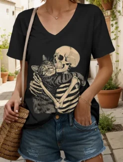 Clearance Halloween Women's T Shirt Graphic Skull Cat Vintage Stylish Classic Short Sleeve V Neck Regular Tops Daily Print Black and White Black White Yellow Pink Summer Spring Women T-Shirts