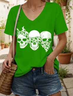 Clearance Halloween Women's T Shirt Graphic Skull Cat Vintage Stylish Classic Short Sleeve V Neck Regular Tops Daily Print Black and White Black White Yellow Pink Summer Spring Women T-Shirts