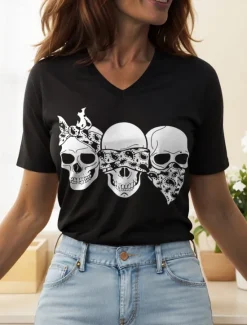 Clearance Halloween Women's T Shirt Graphic Skull Cat Vintage Stylish Classic Short Sleeve V Neck Regular Tops Daily Print Black and White Black White Yellow Pink Summer Spring Women T-Shirts