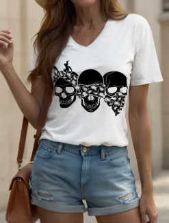 Clearance Halloween Women's T Shirt Graphic Skull Cat Vintage Stylish Classic Short Sleeve V Neck Regular Tops Daily Print Black and White Black White Yellow Pink Summer Spring Women T-Shirts