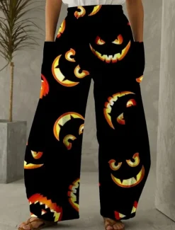 Hot Halloween Women's Wide Leg Chinos Vacation Vintage Ethnic Style Full Length Mid Waist Pant Pumpkin Halloween Comfy Inelastic Vacation Street Causal Violet Black Yellow Orange Spring Fall Winter Women Pants