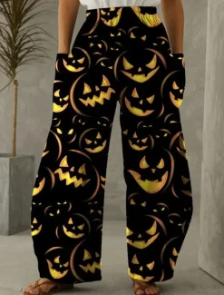 Hot Halloween Women's Wide Leg Chinos Vacation Vintage Ethnic Style Full Length Mid Waist Pant Pumpkin Halloween Comfy Inelastic Vacation Street Causal Violet Black Yellow Orange Spring Fall Winter Women Pants