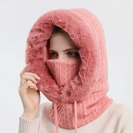 Hot High Quality Winter Fur Cap Mask Set Hooded for Women Knitted Cashmere Neck Warm Outdoor Ski Windproof Hat Thick Plush Fluffy Beanies Women Hats