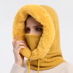 Hot High Quality Winter Fur Cap Mask Set Hooded for Women Knitted Cashmere Neck Warm Outdoor Ski Windproof Hat Thick Plush Fluffy Beanies Women Hats