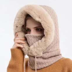 Hot High Quality Winter Fur Cap Mask Set Hooded for Women Knitted Cashmere Neck Warm Outdoor Ski Windproof Hat Thick Plush Fluffy Beanies Women Hats