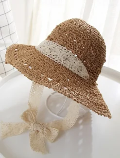Online Hollow Crochet Bucket Hat Lace Ribbon Tie Wide Brim Breathable Straw Sun Hat Elegant Sunshade Travel Beach Hats For Women Women Hats