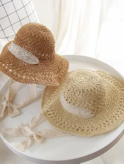 Online Hollow Crochet Bucket Hat Lace Ribbon Tie Wide Brim Breathable Straw Sun Hat Elegant Sunshade Travel Beach Hats For Women Women Hats