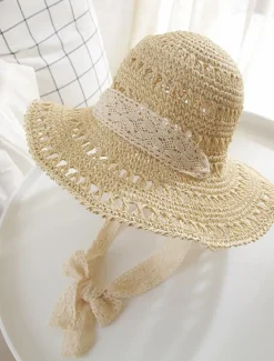 Online Hollow Crochet Bucket Hat Lace Ribbon Tie Wide Brim Breathable Straw Sun Hat Elegant Sunshade Travel Beach Hats For Women Women Hats