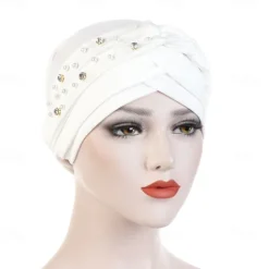 Best India Muslim Women Hijab Hat with Beads Turban Headscarf Islamic Head Wrap Lady Beanie Bonnet Hair Loss Cover Women Hats