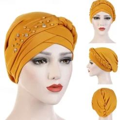 Best India Muslim Women Hijab Hat with Beads Turban Headscarf Islamic Head Wrap Lady Beanie Bonnet Hair Loss Cover Women Hats
